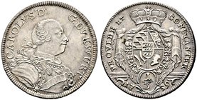 Württemberg. Karl Eugen 1744-1793. 1/3 Reichstaler 1759. Gepanzertes Brustbild nach rechts, auf der Brust den Orden des Goldenen Vlieses, an der Seite...