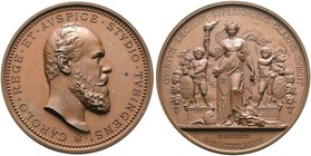 Württemberg. Karl 1864-1891. Bronzemedaille 1877 von K. Schwenzer, auf die 400-Jahrfeier der Universität Tübingen. Erhaben geprägter Kopf des Königs n...