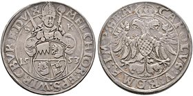 Würzburg-Bistum. Melchior Zobel von Giebelstadt 1544-1558. Taler 1553. St. Kilian mit Schwert und Krummstab hinter Wappen stehend / Gekrönter Doppelad...