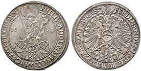 Würzburg-Bistum. Philipp Adolph von Ehrenberg 1623-1631. 1/2 Taler 1624. St. Kilian mit Schwert und Krummstab hinter drei Wappen stehend, seitlich die...