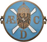 Luftfahrt. Einseitige, mehrfarbig emaillierte Bronzeplakette o.J. (um 1910) von L.Chr. Lauer, des Aeroclubs Deutschland (AECD). Auf zwei gekreuzten Pr...