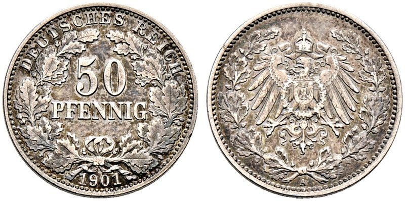 Kleinmünzen. 50 Pfennig 1901 A. J. 15.
selten, feine Patina, sehr schön-vorzügli...