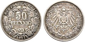 Kleinmünzen. 50 Pfennig 1901 A. J. 15.
selten, feine Patina, sehr schön-vorzüglich