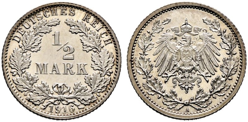 Kleinmünzen. 1/2 Mark 1916 A. J. 16.
Prachtexemplar, feinst zaponiert, Polierte ...