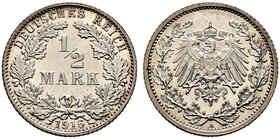 Kleinmünzen. 1/2 Mark 1916 A. J. 16.
Prachtexemplar, feinst zaponiert, Polierte Platte