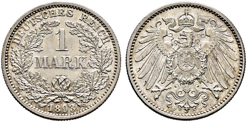 Kleinmünzen. 1 Mark 1893 F. J. 17.
selten in dieser Erhaltung, Prachtexemplar, f...