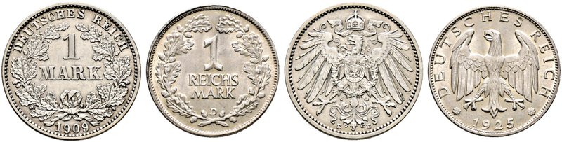 Kleinmünzen. Lot (2 Stücke): 1 Mark 1909 E (J. 17). Dazu: 1 Reichsmark 1925 D (J...
