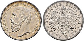 Silbermünzen des Kaiserreiches. BADEN. Friedrich I. 1852-1907. 5 Mark 1901 G. J. 29.
minimale Randfehler, sehr schön-vorzüglich