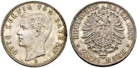 Silbermünzen des Kaiserreiches. BAYERN. Otto 1888-1913. 2 Mark 1888 D. J. 43.
seltenes Prachtexemplar mit feiner Patina, winzige Kratzer, fast Stempel...