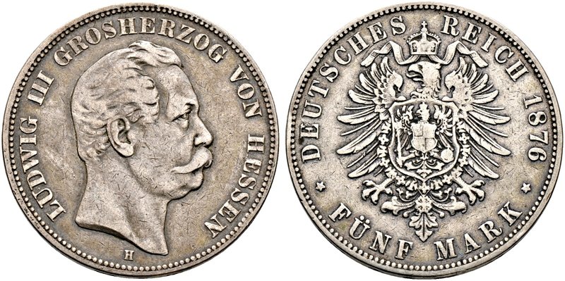 Silbermünzen des Kaiserreiches. HESSEN. Ludwig III. 1848-1877. 5 Mark 1876 H. J....