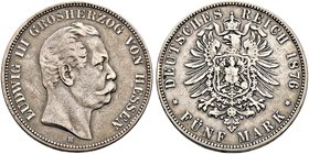 Silbermünzen des Kaiserreiches. HESSEN. Ludwig III. 1848-1877. 5 Mark 1876 H. J. 67.
fast sehr schön