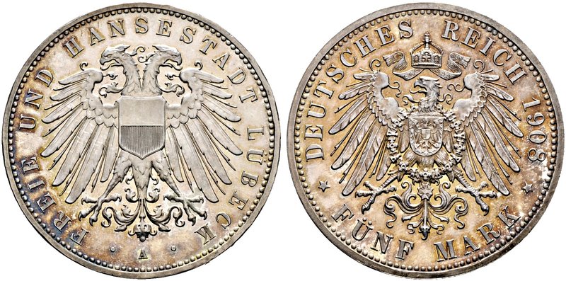 Silbermünzen des Kaiserreiches. LÜBECK. 5 Mark 1908 A. J. 83.
Kabinettstück mit ...