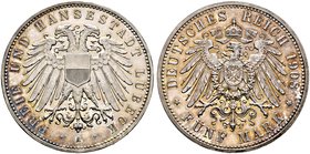 Silbermünzen des Kaiserreiches. LÜBECK. 5 Mark 1908 A. J. 83.
Kabinettstück mit leichter Tönung, feinst zaponiert, Polierte Platte