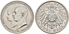 Silbermünzen des Kaiserreiches. MECKLENBURG-SCHWERIN. Friedrich Franz IV. 1897-1918. 2 Mark 1904 A. Hochzeit. J. 86.
winzige Kratzer, vorzüglich-Stemp...