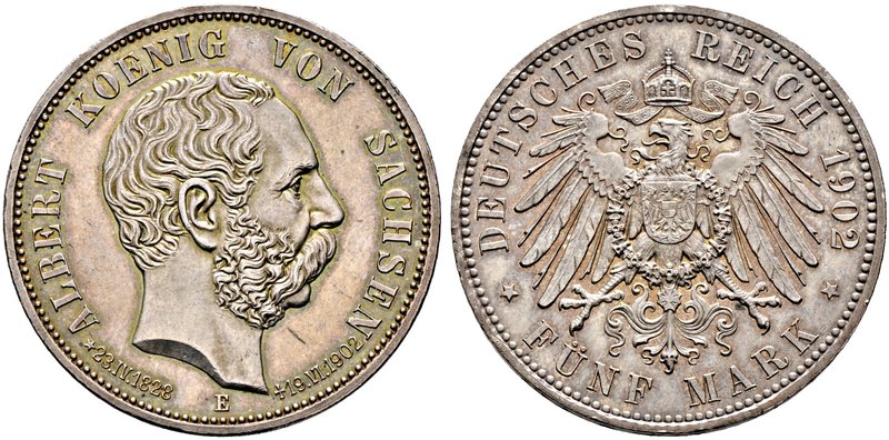 Silbermünzen des Kaiserreiches. SACHSEN. Albert 1873-1902. 5 Mark 1902 E. Auf se...