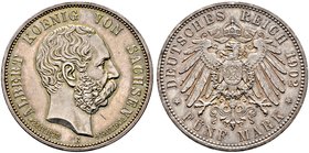 Silbermünzen des Kaiserreiches. SACHSEN. Albert 1873-1902. 5 Mark 1902 E. Auf seinen Tod. J. 128.
feine Patina, minimale Kratzer, fast Stempelglanz