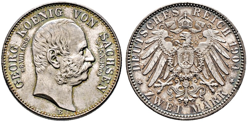 Silbermünzen des Kaiserreiches. SACHSEN. Georg 1902-1904. 2 Mark 1904 E. Auf sei...