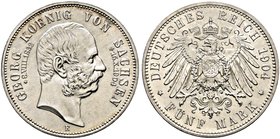 Silbermünzen des Kaiserreiches. SACHSEN. Georg 1902-1904. 5 Mark 1904 E. Auf seinen Tod. J. 133.
minimale Randunebenheiten, vorzüglich-Stempelglanz/St...