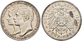 Silbermünzen des Kaiserreiches. SACHSEN-WEIMAR-EISENACH. Wilhelm Ernst 1901-1918. 5 Mark 1903 A. Erste Hochzeit. J. 159.
kleine Kratzer, vorzüglich