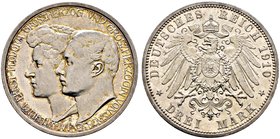 Silbermünzen des Kaiserreiches. SACHSEN-WEIMAR-EISENACH. Wilhelm Ernst 1901-1918. 3 Mark 1910 A. Zweite Hochzeit. J. 162.
feine Tönung, minimale Kratz...