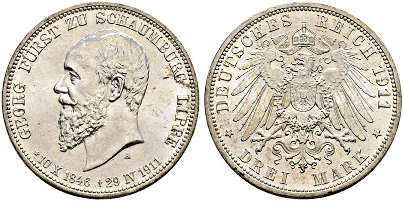 Silbermünzen des Kaiserreiches. SCHAUMBURG-LIPPE. Georg 1893-1911. 3 Mark 1911 A...