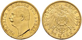 Reichsgoldmünzen. ANHALT. Friedrich II. 1904-1918. 20 Mark 1904 A. Regierungsantritt. J. 182.
selten, vorzüglich