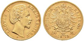 Reichsgoldmünzen. BAYERN. Ludwig II. 1864-1886. 10 Mark 1872 D. J. 193.
selten in dieser Erhaltung, winzige Kratzer, vorzüglich-Stempelglanz aus polie...