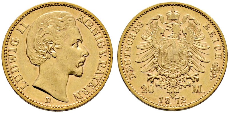 Reichsgoldmünzen. BAYERN. Ludwig II. 1864-1886. 20 Mark 1872 D. J. 194.
überdurc...