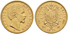 Reichsgoldmünzen. BAYERN. Ludwig II. 1864-1886. 20 Mark 1872 D. J. 194.
überdurchschnittliche Erhaltung, winzige Kratzer, vorzüglich/vorzüglich-prägef...