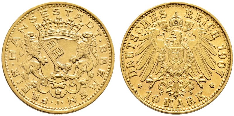 Reichsgoldmünzen. BREMEN. 10 Mark 1907 J. J. 204.
vorzüglich-prägefrisch aus pol...