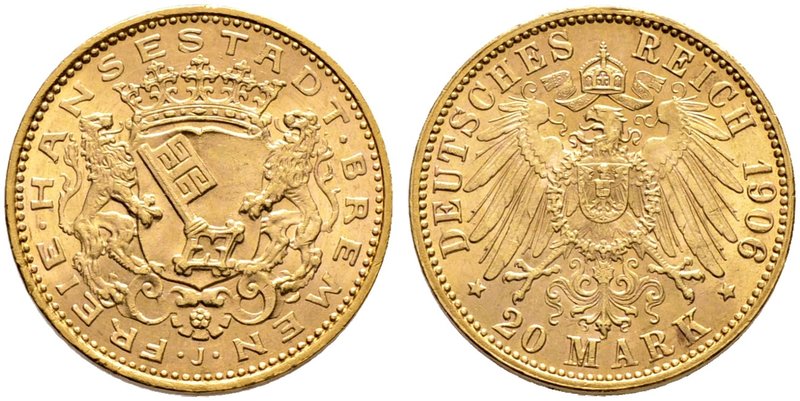Reichsgoldmünzen. BREMEN. 20 Mark 1906 J. J. 205.
vorzüglich-prägefrisch