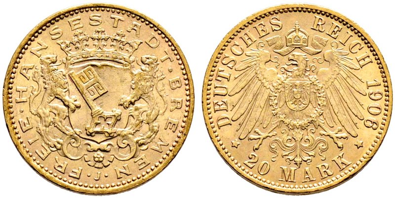 Reichsgoldmünzen. BREMEN. 20 Mark 1906 J. J. 205.
minimale Randunebenheiten, vor...