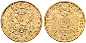 Reichsgoldmünzen. BREMEN. 20 Mark 1906 J. J. 205.
minimale Randunebenheiten, vorzüglich
