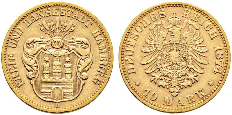 Reichsgoldmünzen. HAMBURG. 1. 10 Mark 1874 B. J. 207.
selten, minimale Randfehle...