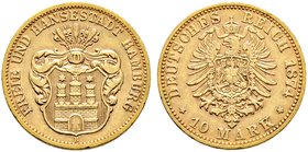 Reichsgoldmünzen. HAMBURG. 1. 10 Mark 1874 B. J. 207.
selten, minimale Randfehler, gutes sehr schön