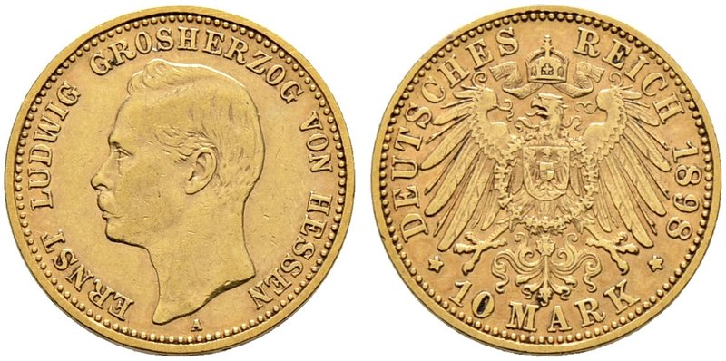 Reichsgoldmünzen. HESSEN. Ernst Ludwig 1892-1918. 10 Mark 1898 A. J. 224.
selten...