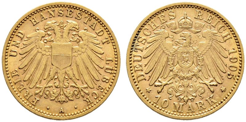 Reichsgoldmünzen. LÜBECK. 10 Mark 1905 A. J. 228.
selten, sehr schön-vorzüglich...