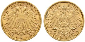 Reichsgoldmünzen. LÜBECK. 10 Mark 1905 A. J. 228.
selten, sehr schön-vorzüglich