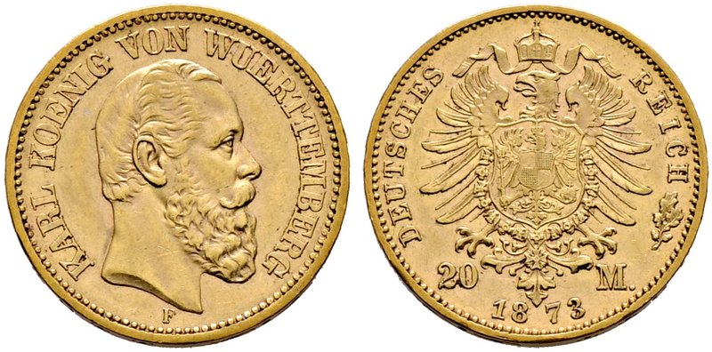 Reichsgoldmünzen. WÜRTTEMBERG. Karl 1864-1891. 20 Mark 1873 F. J. 290.
überdurch...