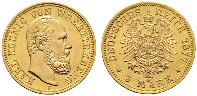 Reichsgoldmünzen. WÜRTTEMBERG. Karl 1864-1891. 5 Mark 1877 F. J. 291.
selten in ...
