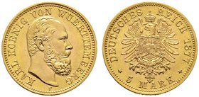 Reichsgoldmünzen. WÜRTTEMBERG. Karl 1864-1891. 5 Mark 1877 F. J. 291.
selten in dieser Erhaltung, Prachtexemplar, fast Stempelglanz