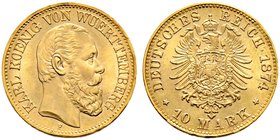Reichsgoldmünzen. WÜRTTEMBERG. Karl 1864-1891. 10 Mark 1874 F. J. 292.
selten in dieser Erhaltung, Prachtexemplar, fast Stempelglanz