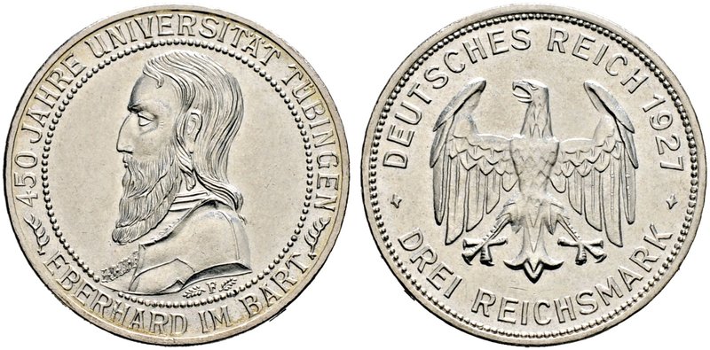 Weimarer Republik. 3 Reichsmark 1927 F. Uni Tübingen. J. 328.
minimale Kratzer, ...