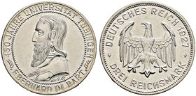 Weimarer Republik. 3 Reichsmark 1927 F. Uni Tübingen. J. 328.
minimale Kratzer, vorzüglich-prägefrisch