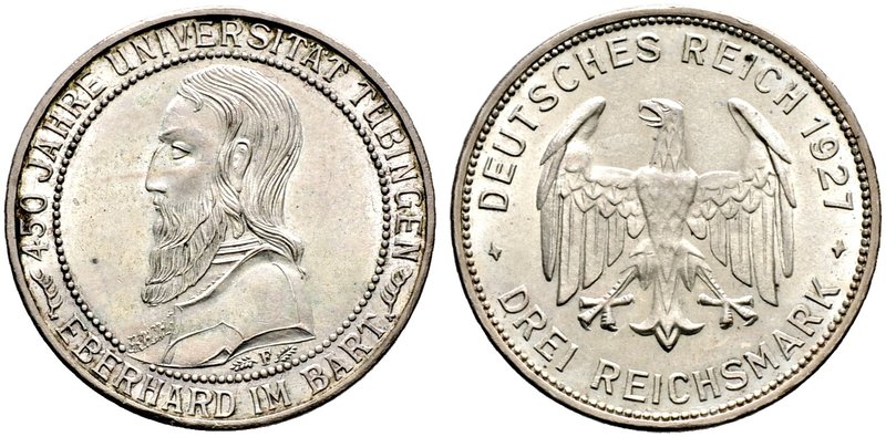 Weimarer Republik. 3 Reichsmark 1927 F. Uni Tübingen. J. 328.
minimale Randfehle...