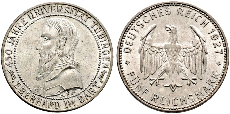 Weimarer Republik. 5 Reichsmark 1927 F. Uni Tübingen. J. 329.
minimale Kratzer, ...