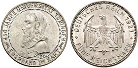 Weimarer Republik. 5 Reichsmark 1927 F. Uni Tübingen. J. 329.
minimale Kratzer, vorzüglich