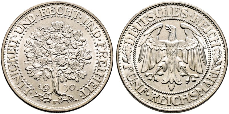 Weimarer Republik. 5 Reichsmark 1930 F. Eichbaum. J. 331.
seltenes, prägefrische...