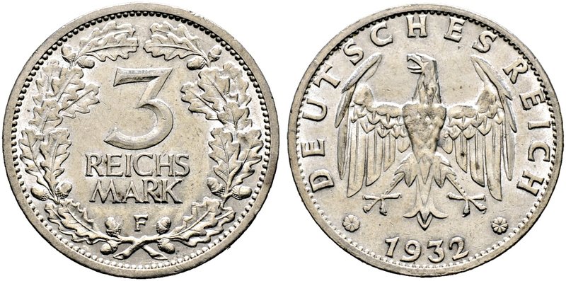Weimarer Republik. 3 Reichsmark 1932 F. Kursmünze. J. 349.
selten, kleine Kratze...
