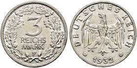 Weimarer Republik. 3 Reichsmark 1932 F. Kursmünze. J. 349.
selten, kleine Kratzer, sehr schön-vorzüglich